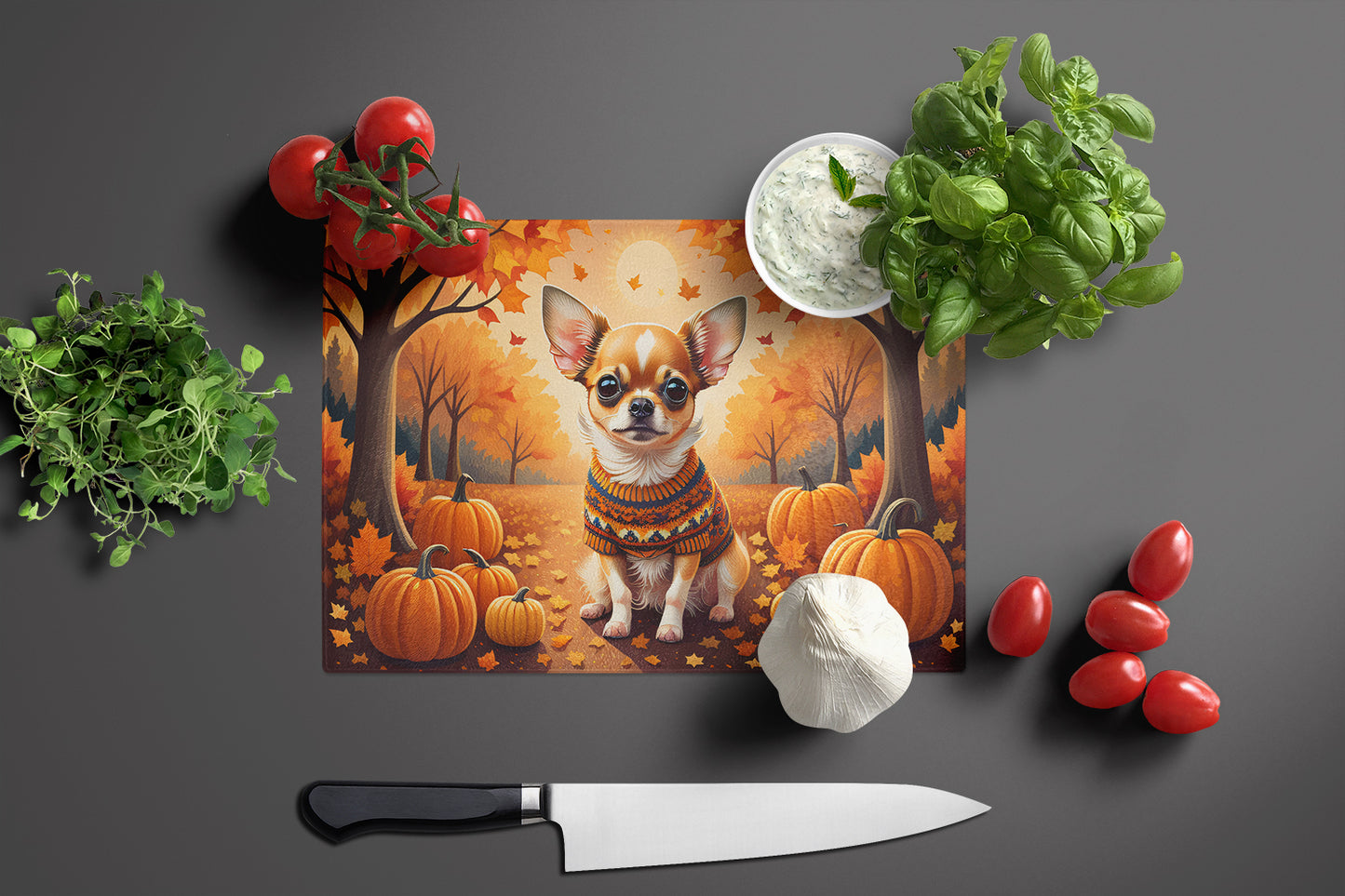 Chihuahua Fall Glass Cutting Board