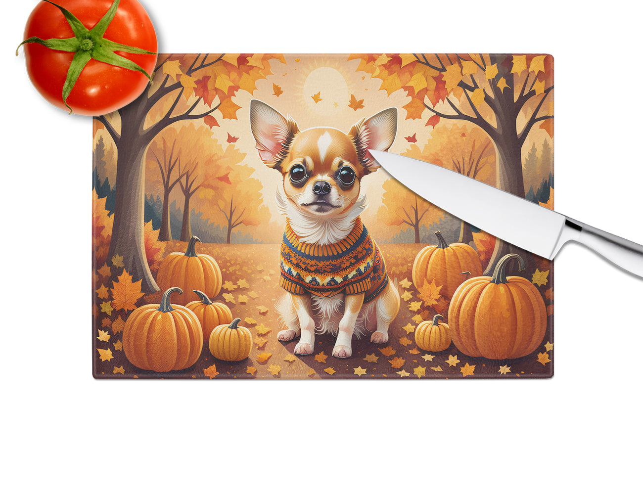 Chihuahua Fall Glass Cutting Board