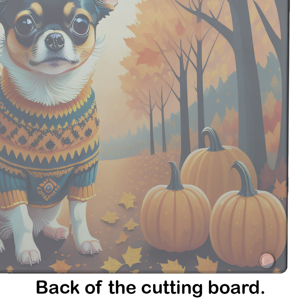 Tricolor Chihuahua Fall Glass Cutting Board