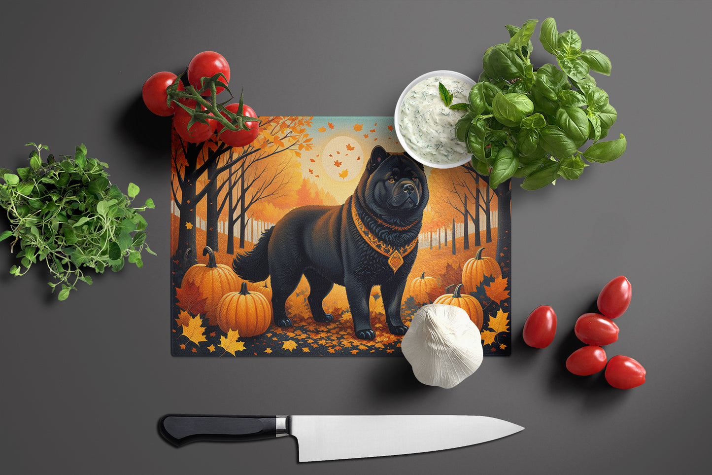 Black Chow Chow Fall Glass Cutting Board