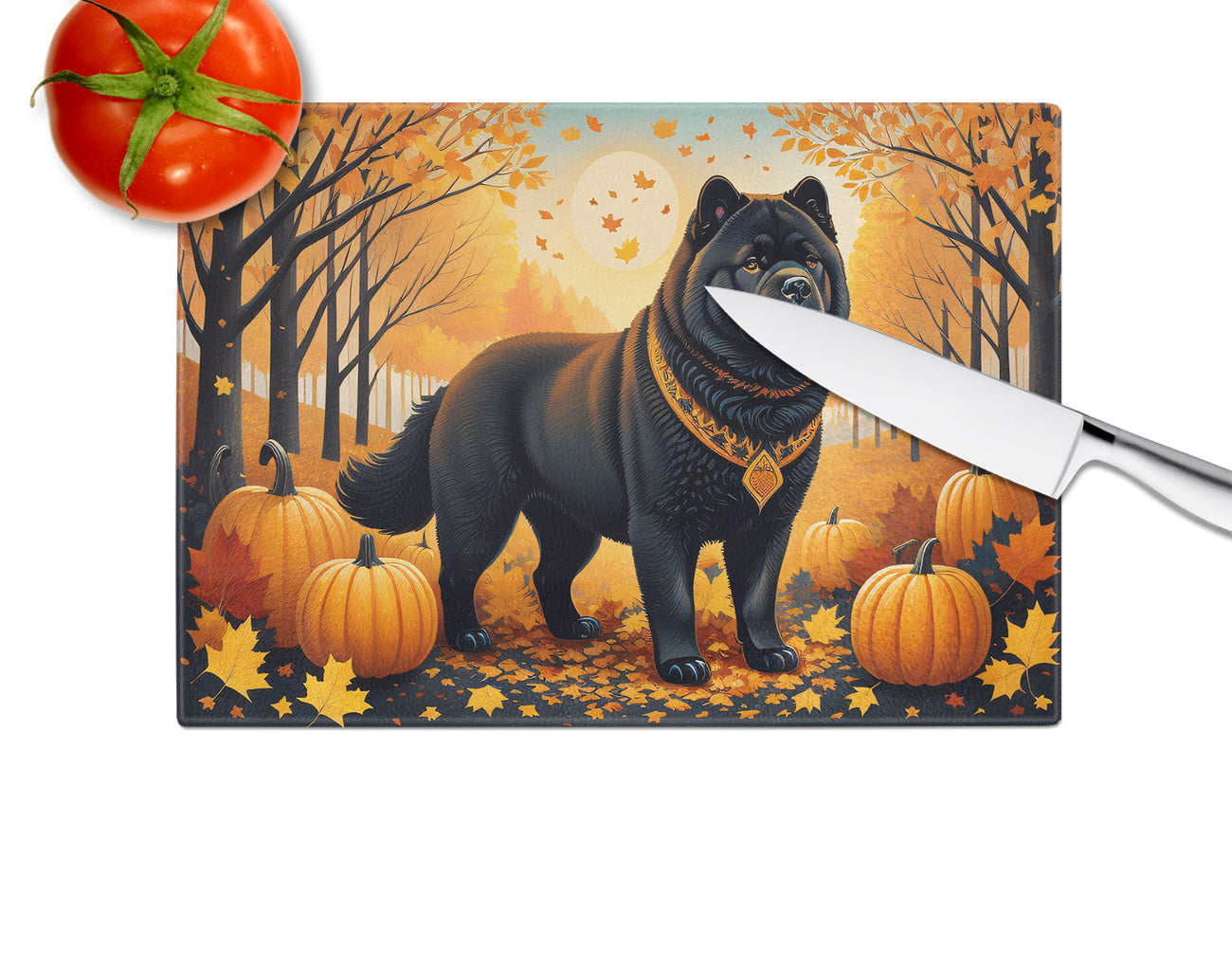 Black Chow Chow Fall Glass Cutting Board