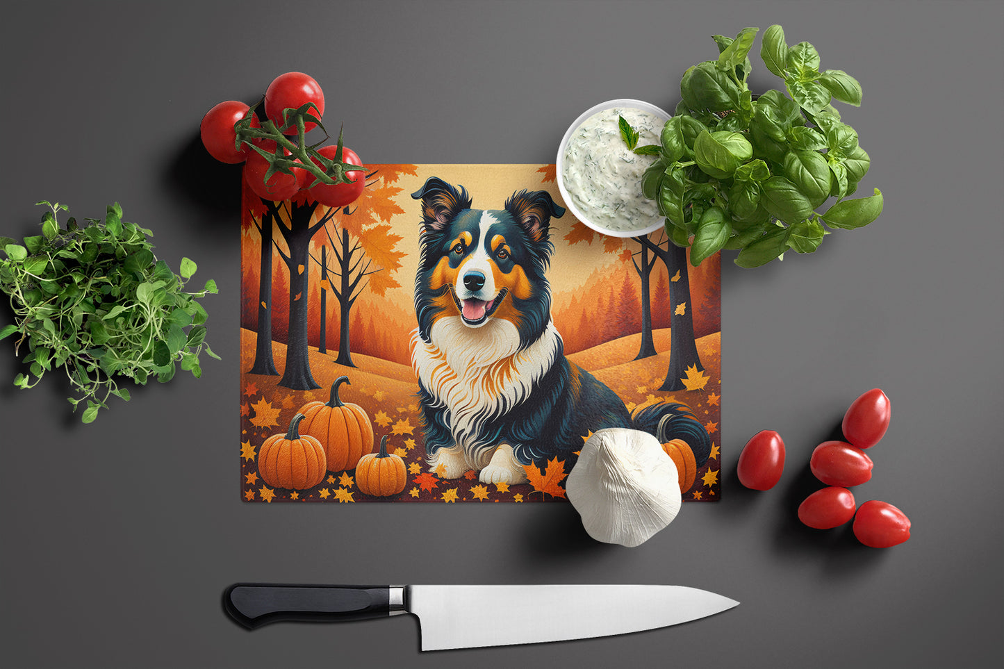 Collie Fall Glass Cutting Board