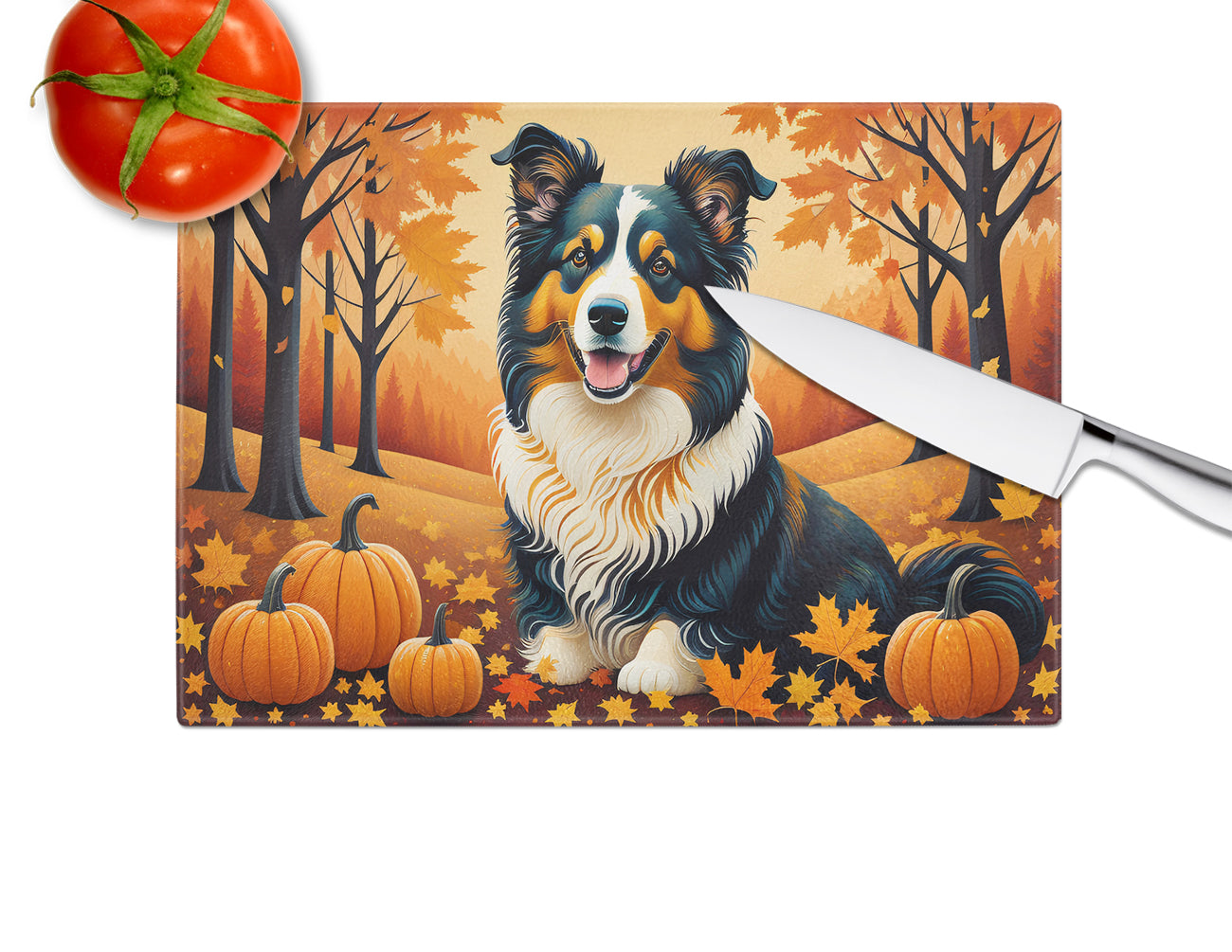 Collie Fall Glass Cutting Board