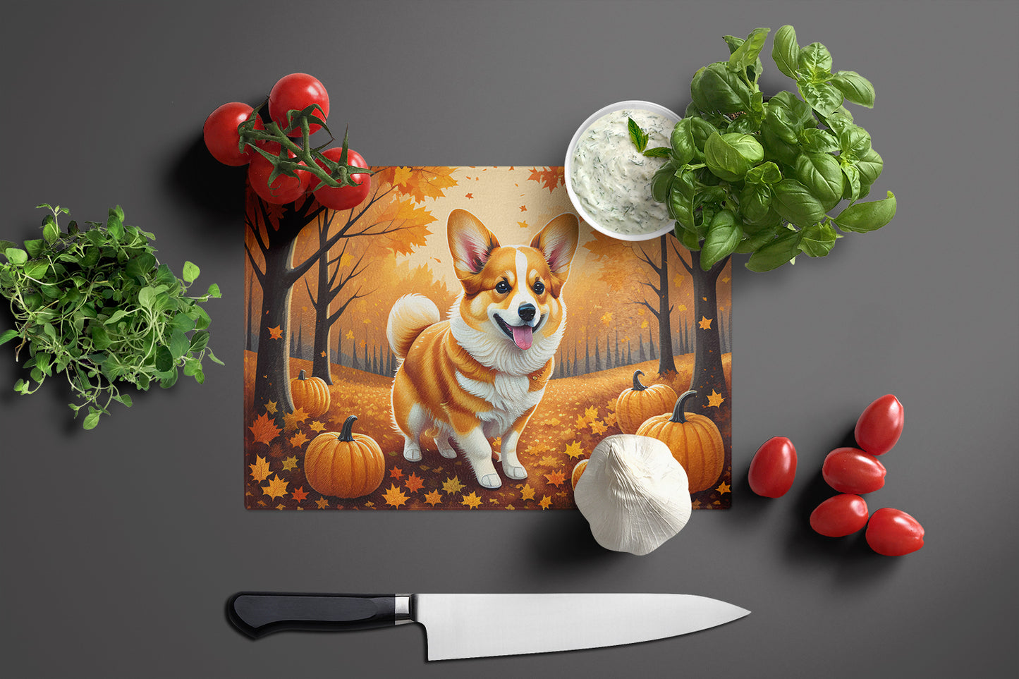 Corgi Fall Glass Cutting Board