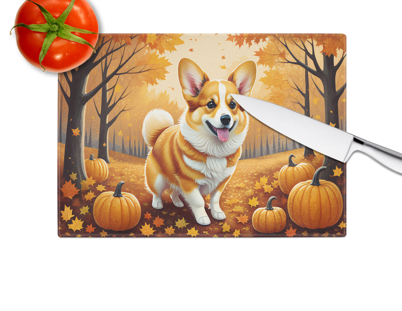 Corgi Fall Glass Cutting Board