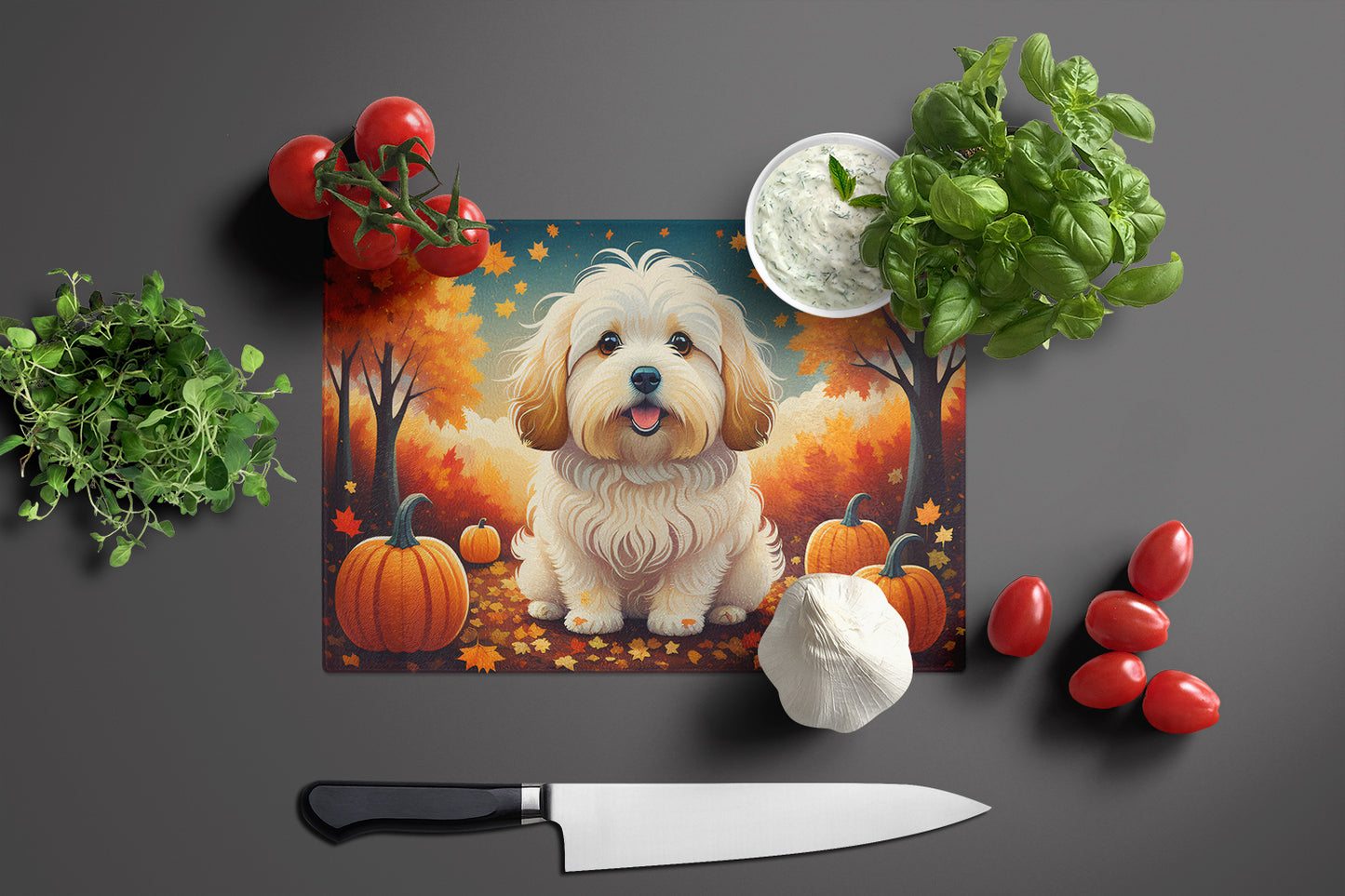 Coton De Tulear Fall Glass Cutting Board