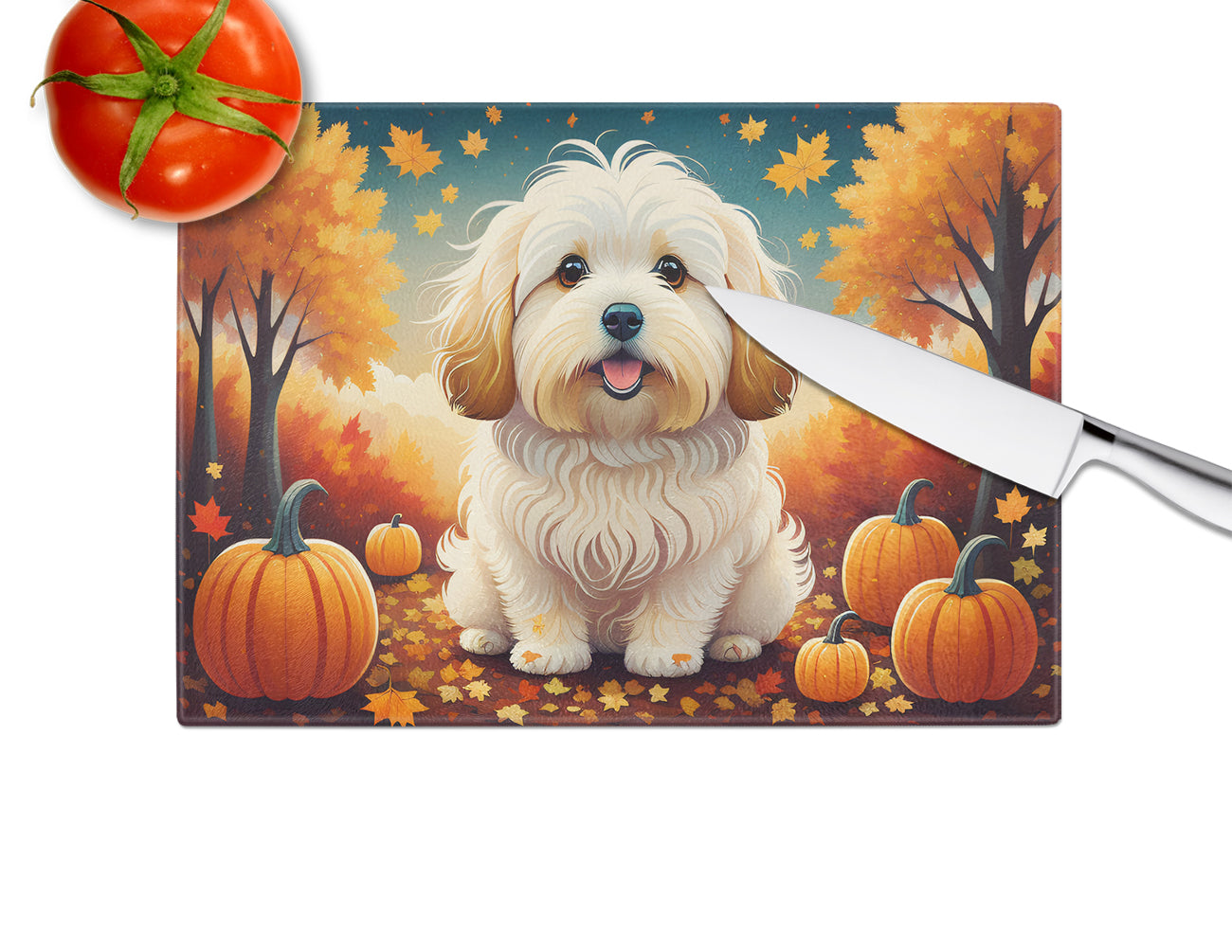 Coton De Tulear Fall Glass Cutting Board