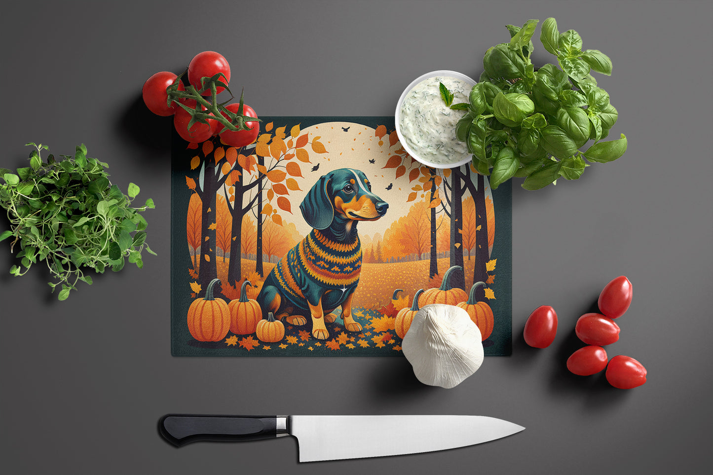 Dachshund Fall Glass Cutting Board