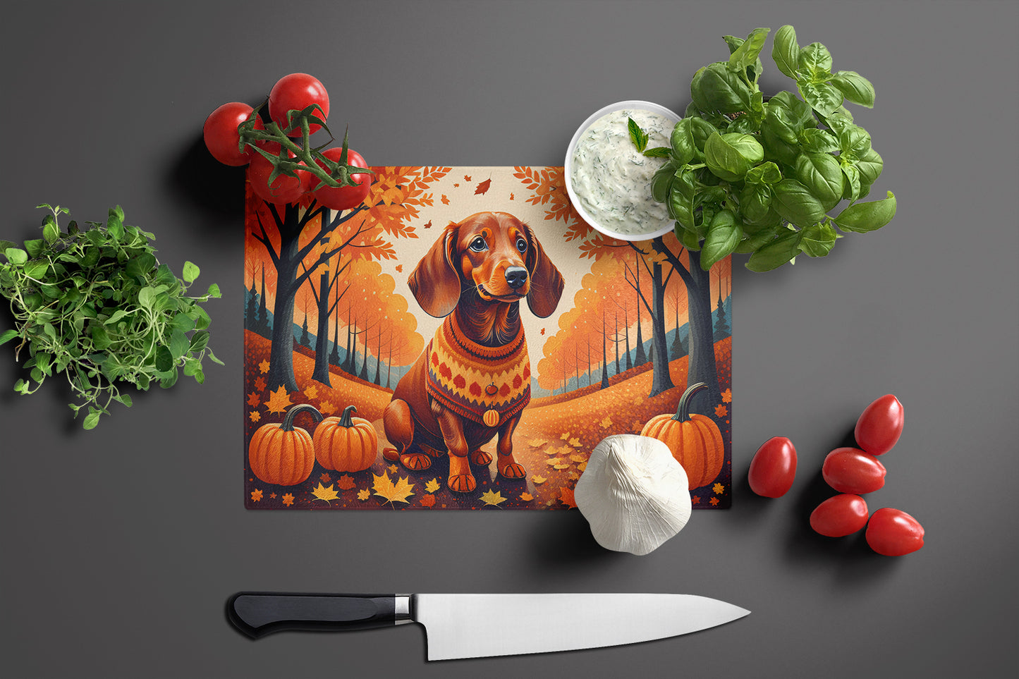 Dachshund Fall Glass Cutting Board