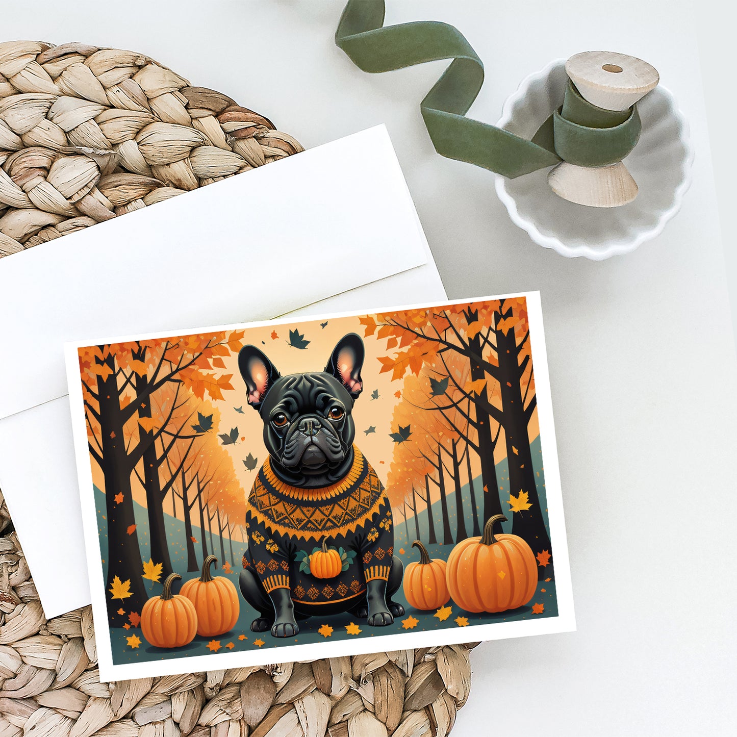 Black French Bulldog Fall Greeting Cards Pack of 8