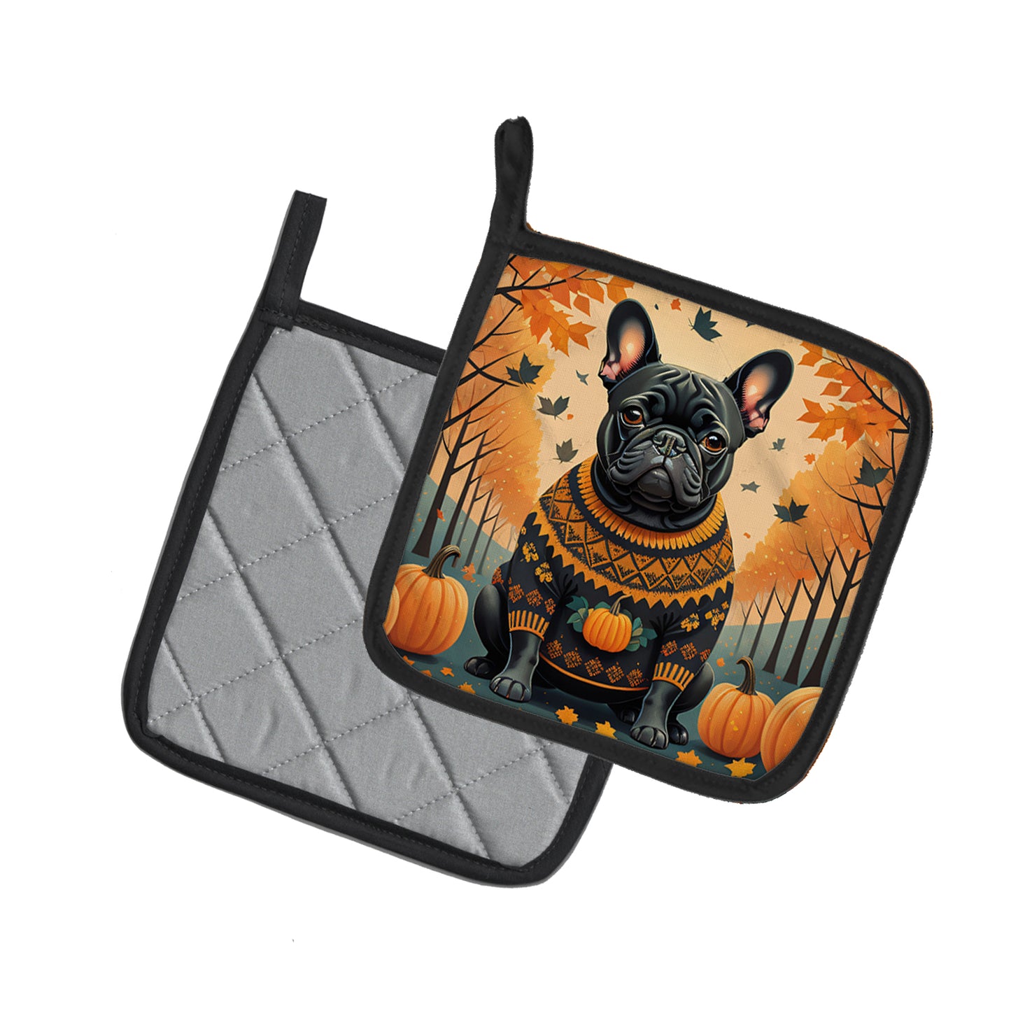 Black French Bulldog Fall Pair of Pot Holders