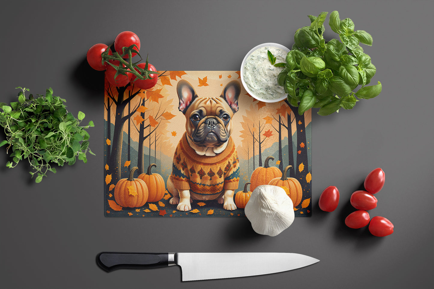 Fawn French Bulldog Fall Glass Cutting Board