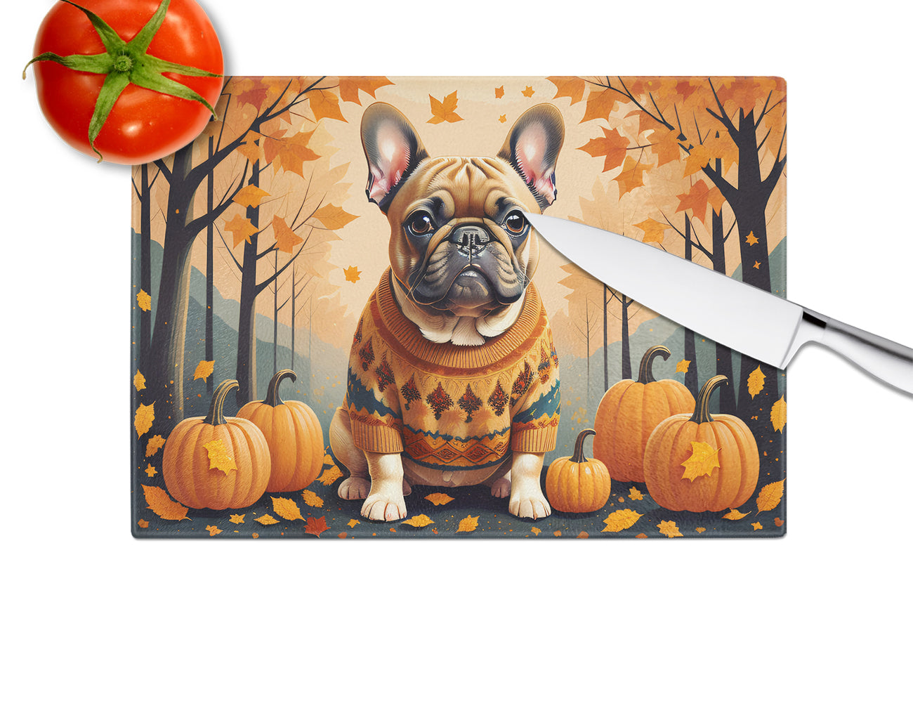 Fawn French Bulldog Fall Glass Cutting Board