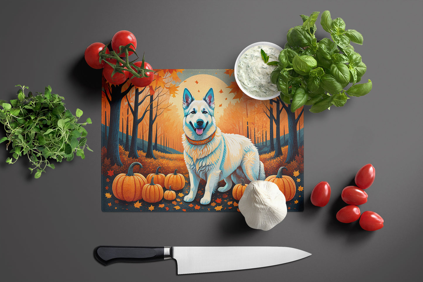 White German Shepherd Fall Glass Cutting Board