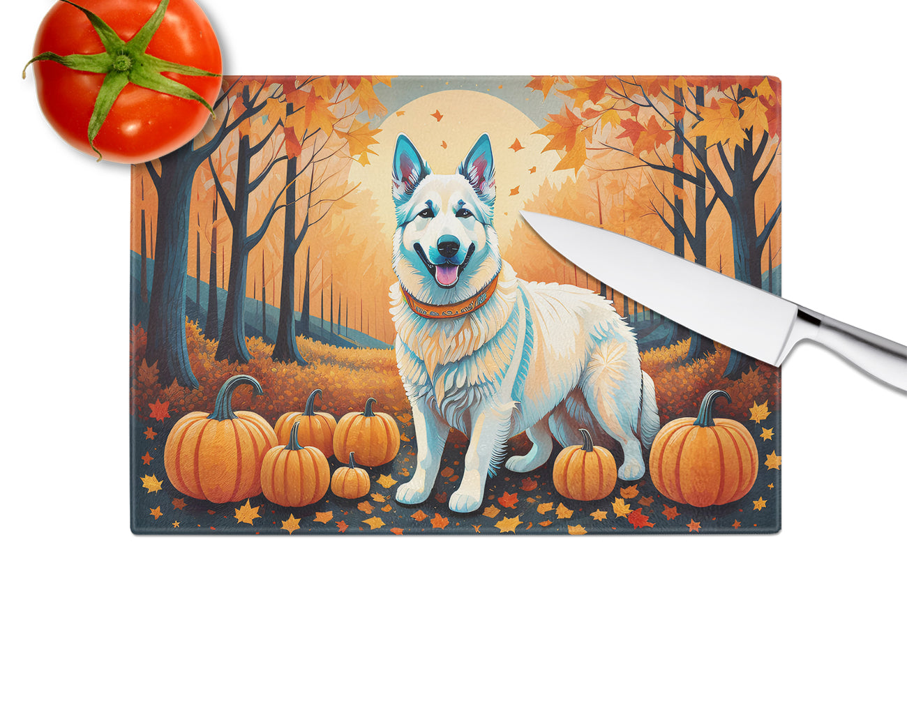 White German Shepherd Fall Glass Cutting Board