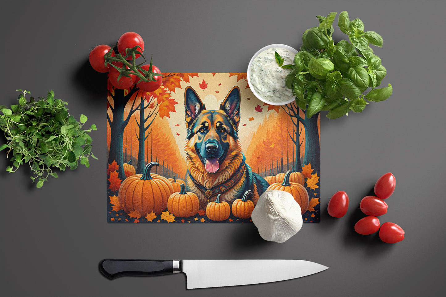 German Shepherd Fall Glass Cutting Board