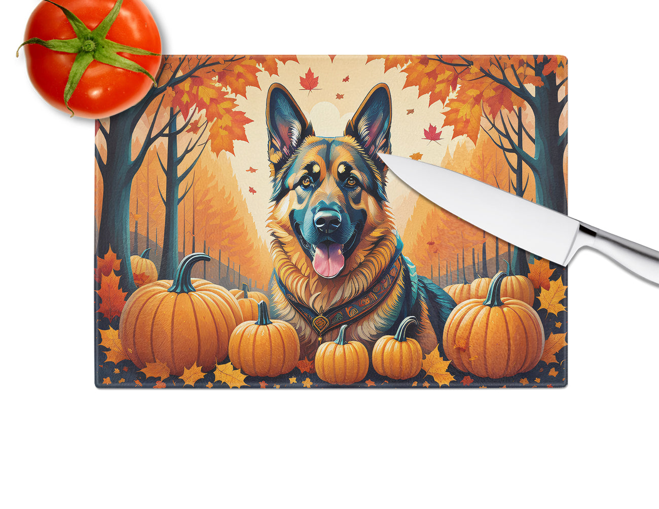 German Shepherd Fall Glass Cutting Board