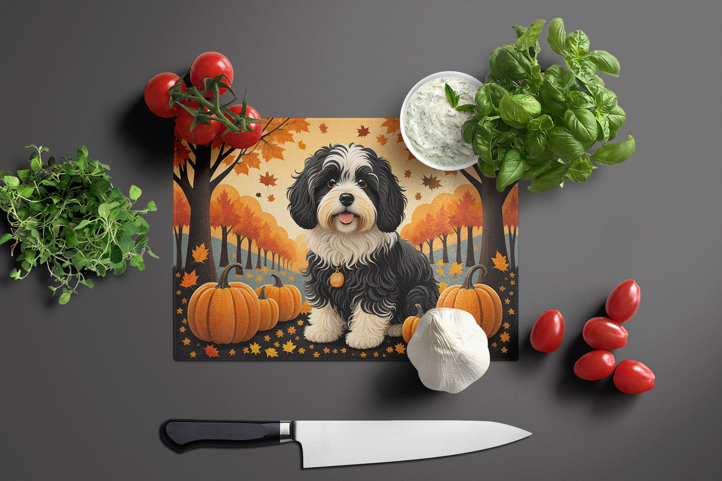 Havanese Fall Glass Cutting Board