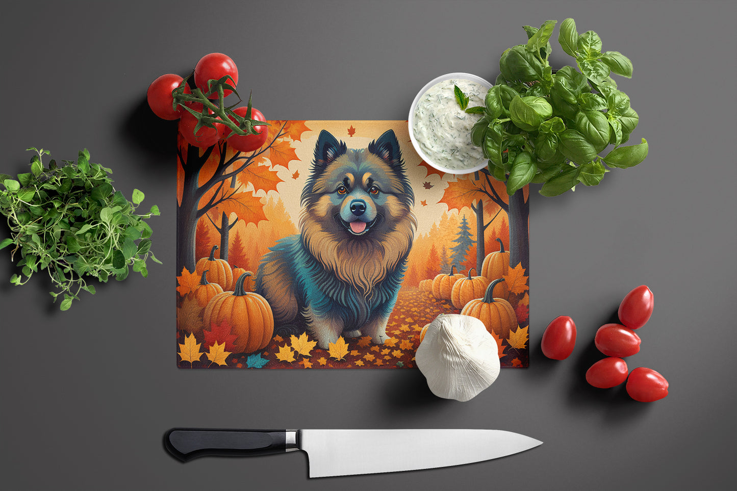 Keeshond Fall Glass Cutting Board