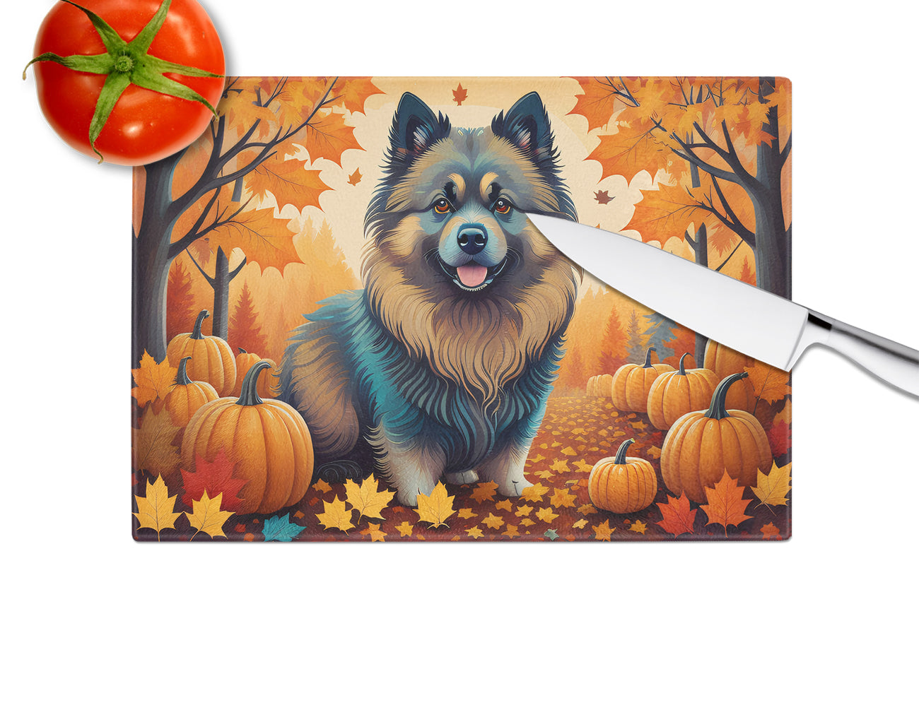 Keeshond Fall Glass Cutting Board