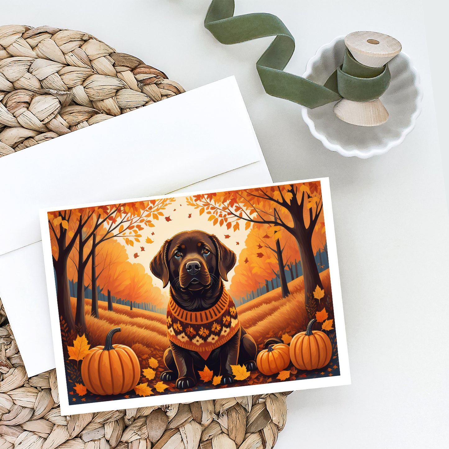 Chocolate Labrador Retriever Fall Greeting Cards Pack of 8