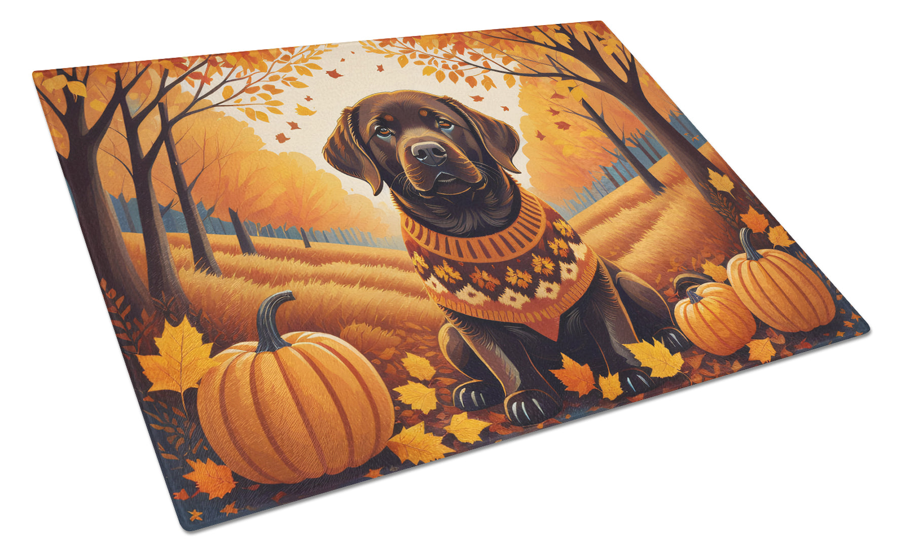 Buy this Chocolate Labrador Retriever Fall Glass Cutting Board