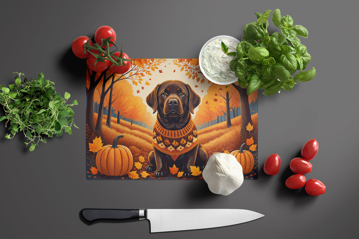 Chocolate Labrador Retriever Fall Glass Cutting Board