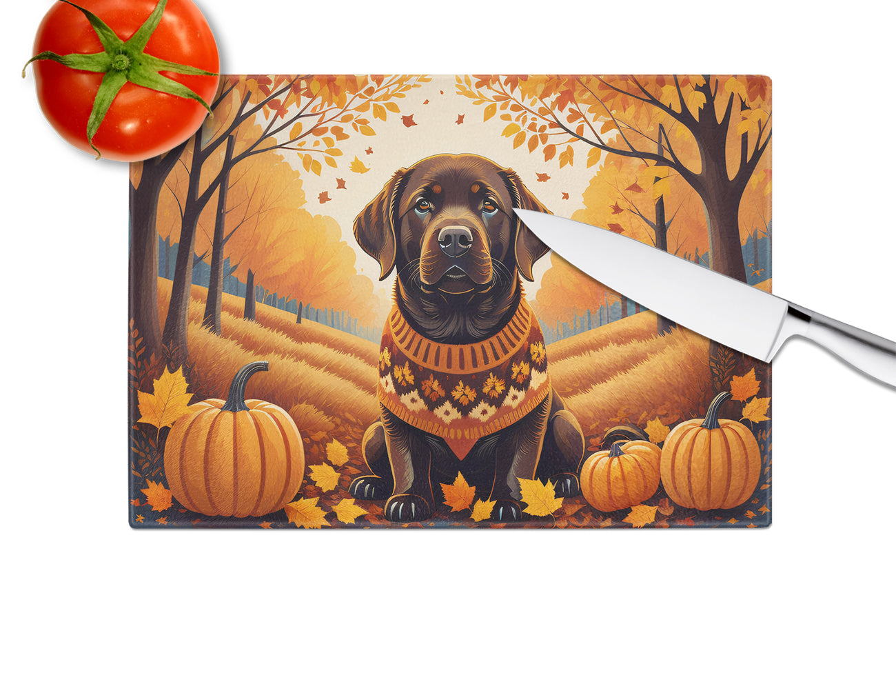 Chocolate Labrador Retriever Fall Glass Cutting Board