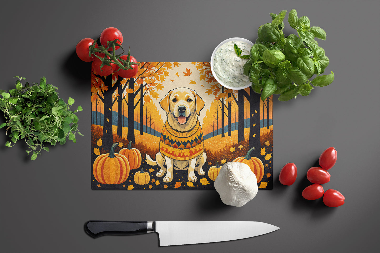 Yellow Labrador Retriever Fall Glass Cutting Board