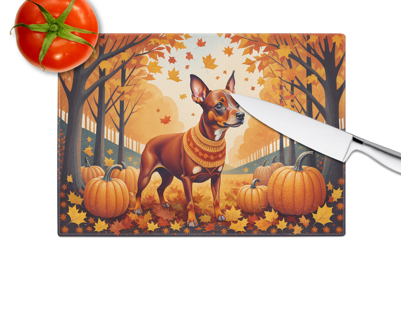 Red Miniature Pinscher Fall Glass Cutting Board