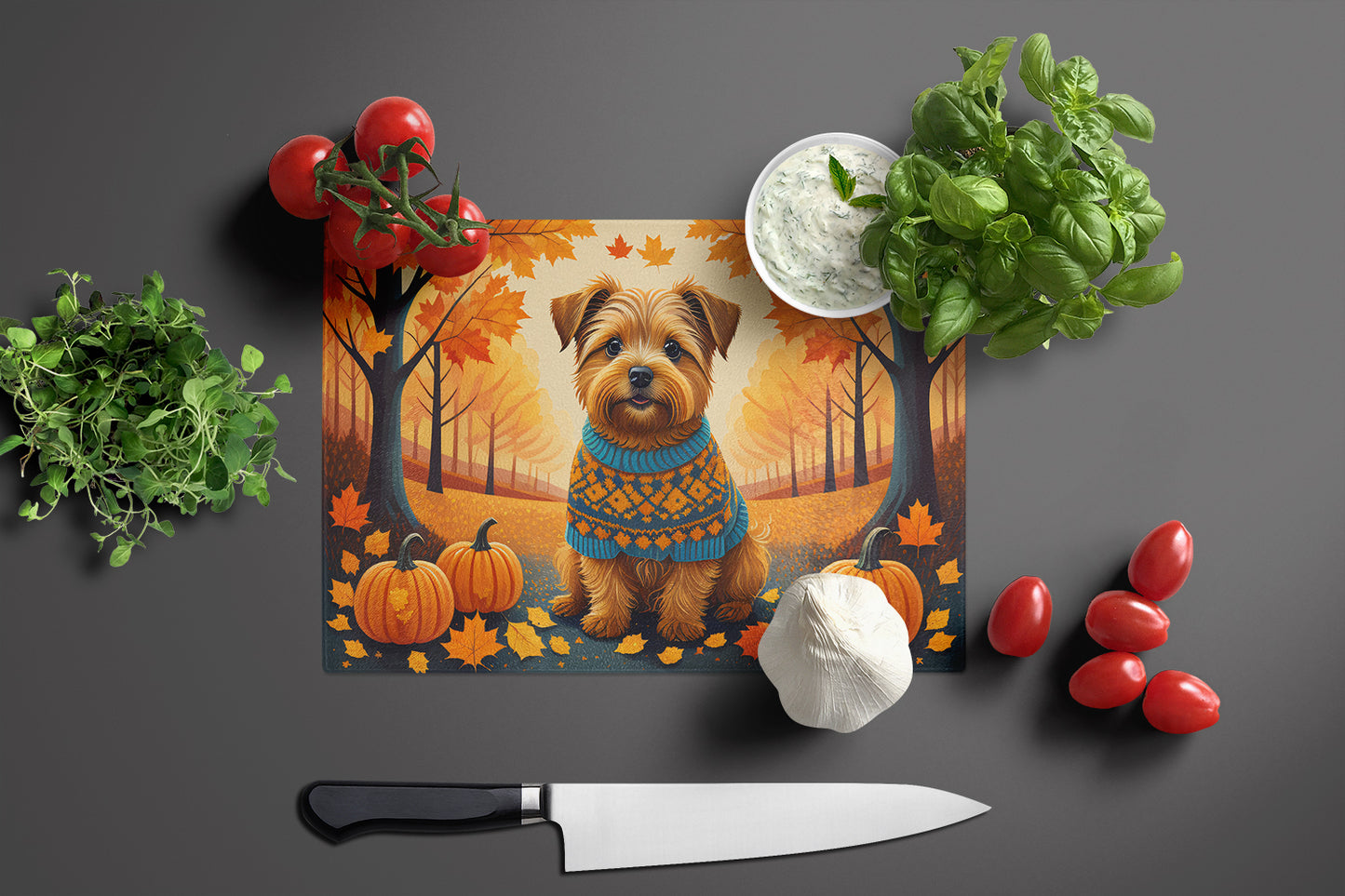 Norfolk Terrier Fall Glass Cutting Board