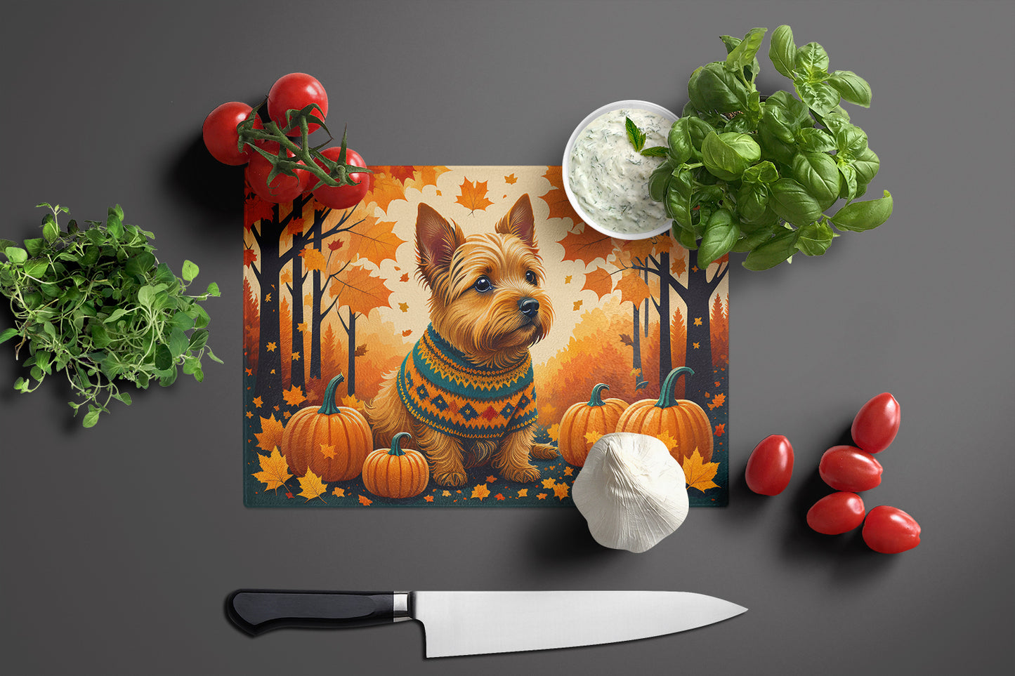 Norwich Terrier Fall Glass Cutting Board