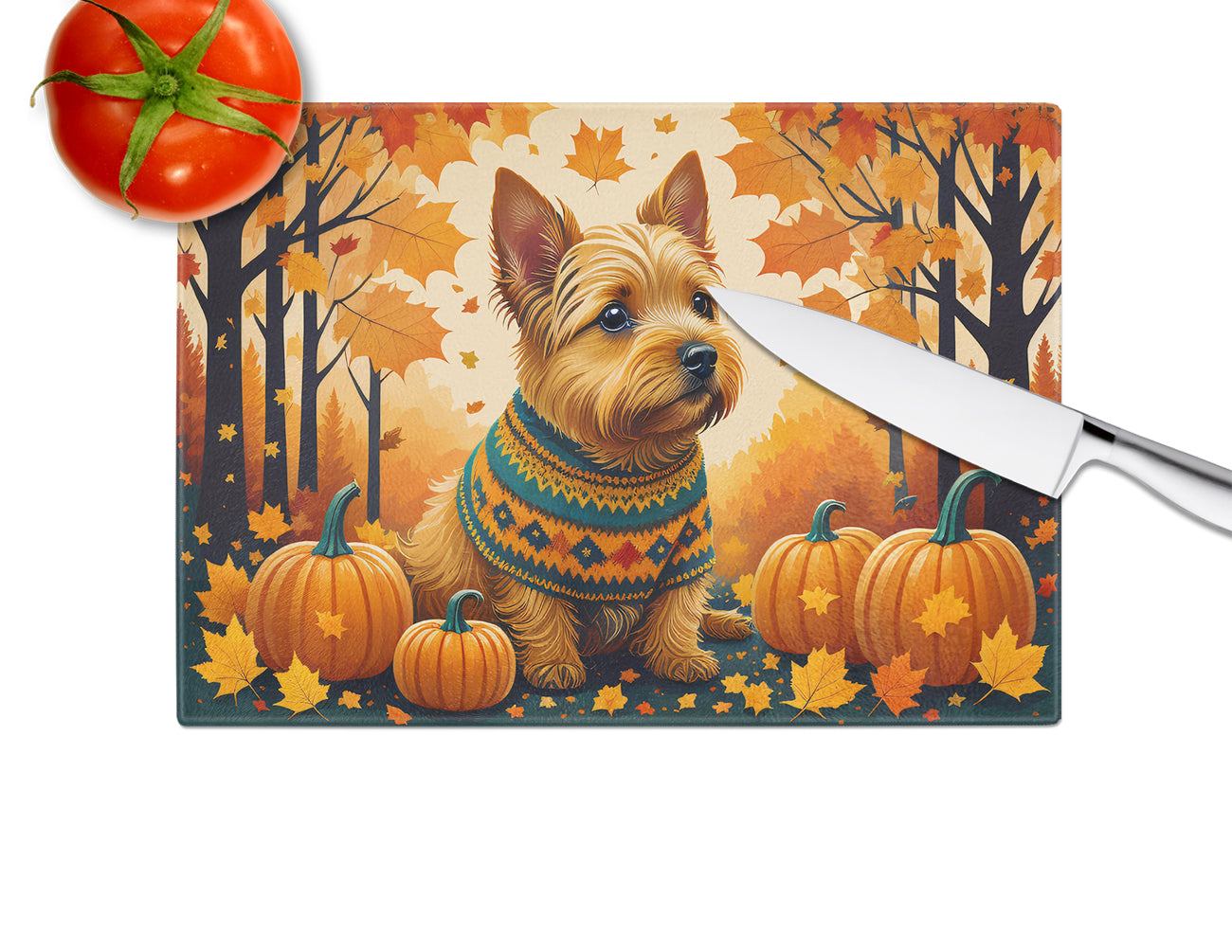 Norwich Terrier Fall Glass Cutting Board