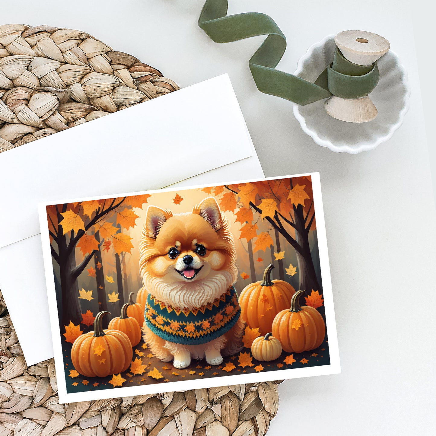 Pomeranian Fall Greeting Cards Pack of 8