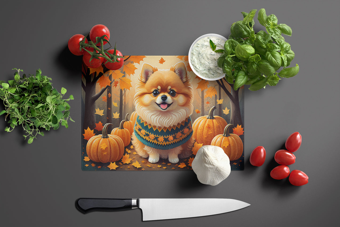 Pomeranian Fall Glass Cutting Board