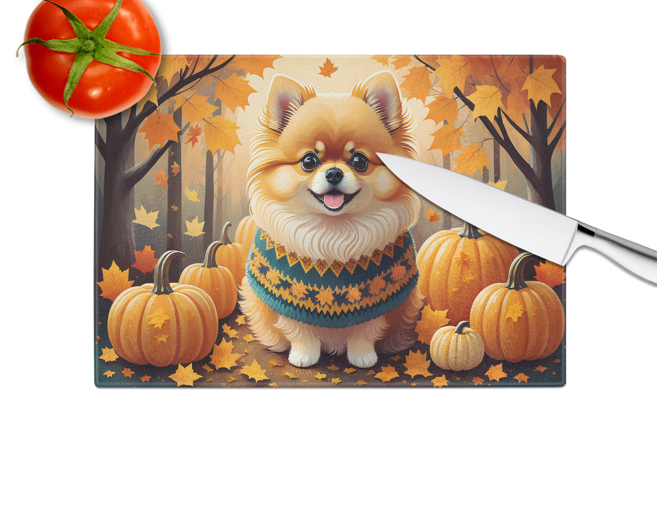 Pomeranian Fall Glass Cutting Board