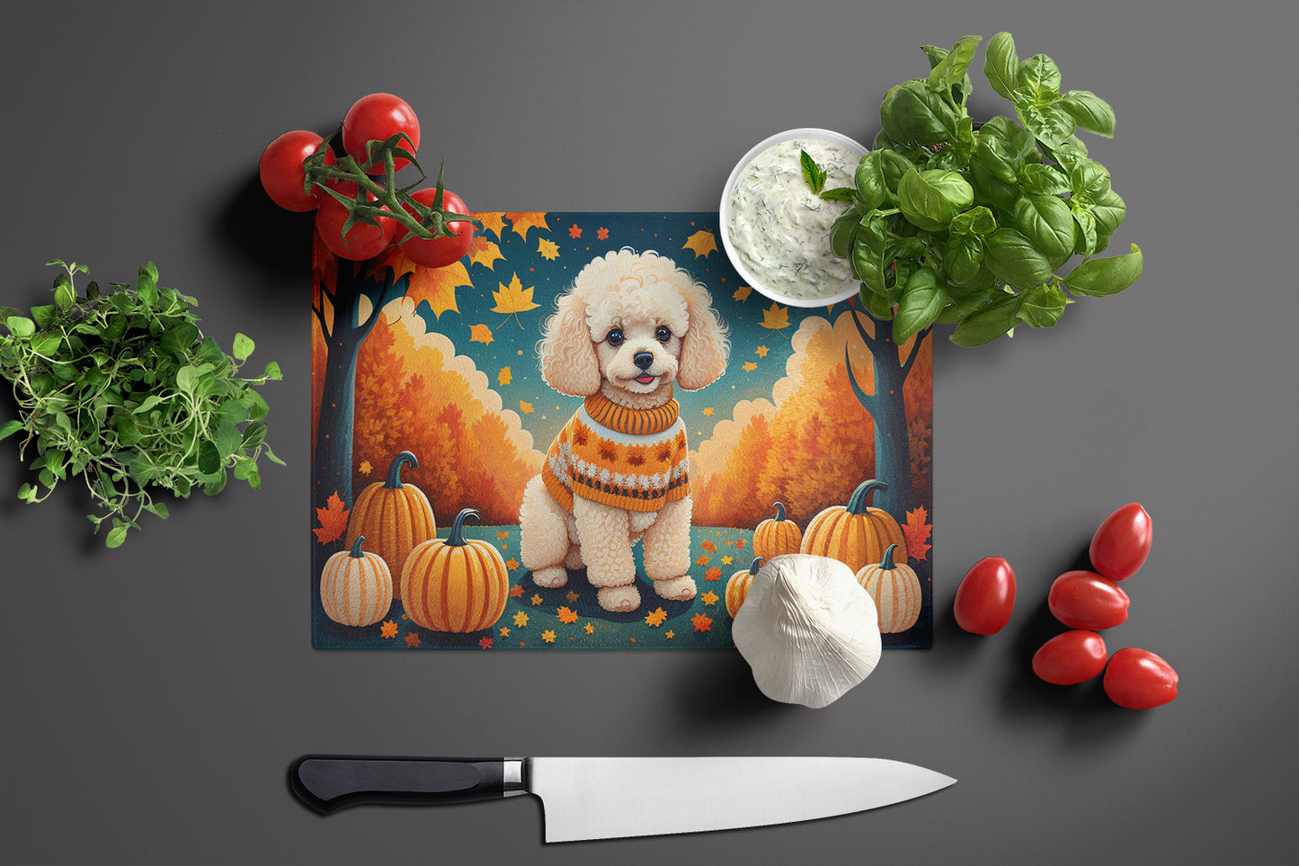 Poodle Fall Glass Cutting Board