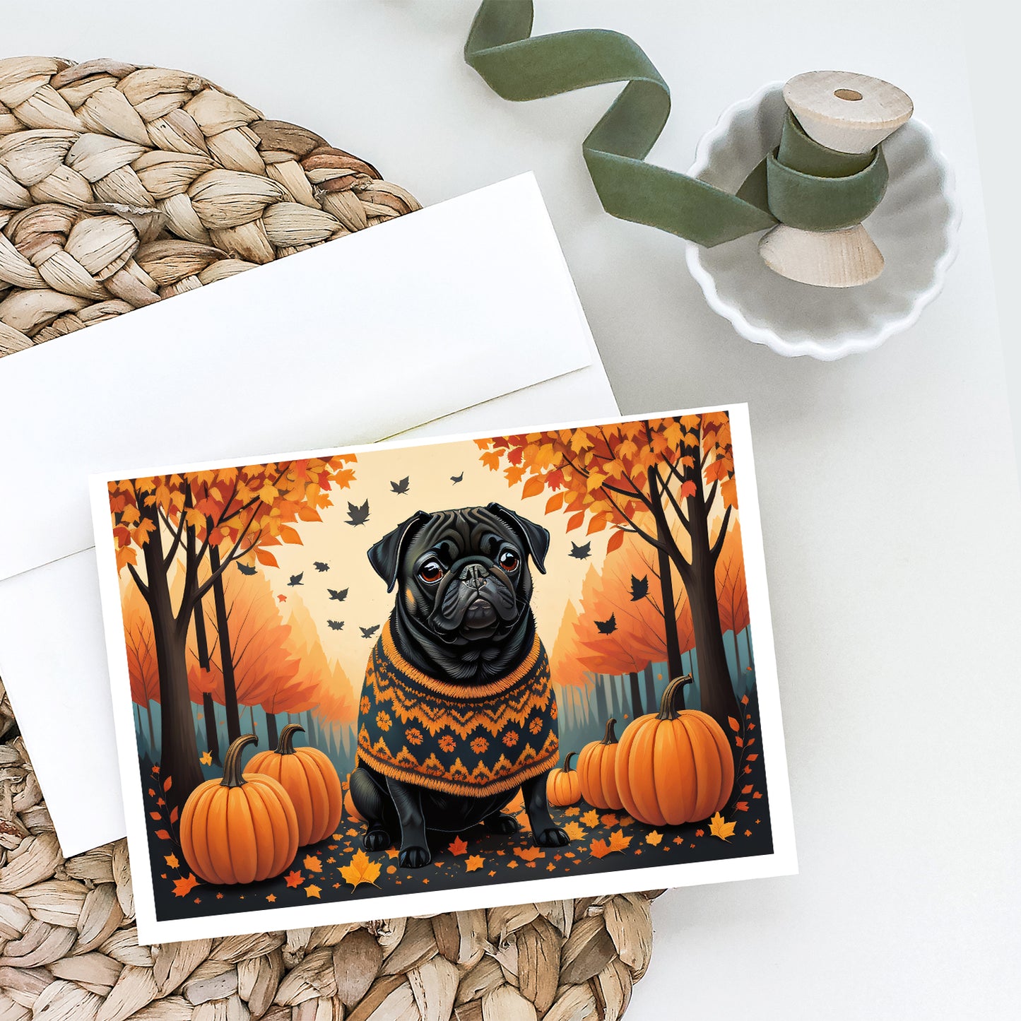 Black Pug Fall Greeting Cards Pack of 8