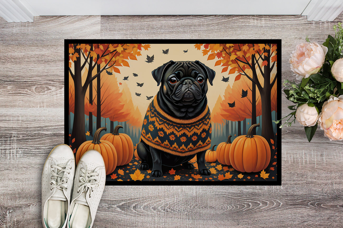 Black Pug Fall Doormat