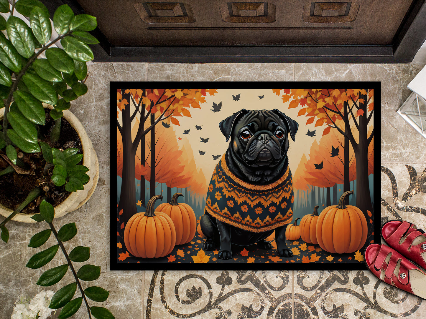 Black Pug Fall Doormat