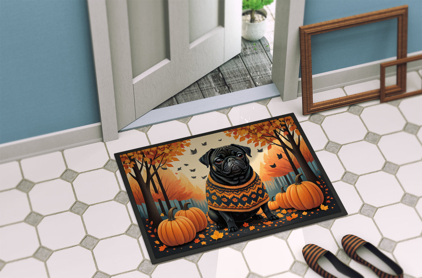 Black Pug Fall Doormat