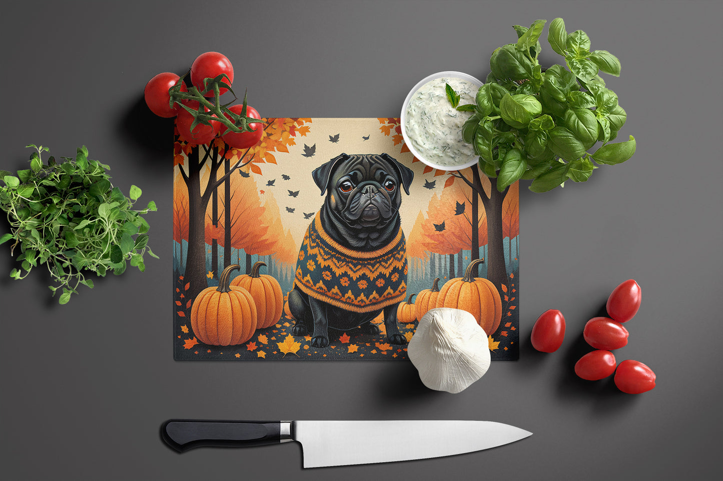 Black Pug Fall Glass Cutting Board