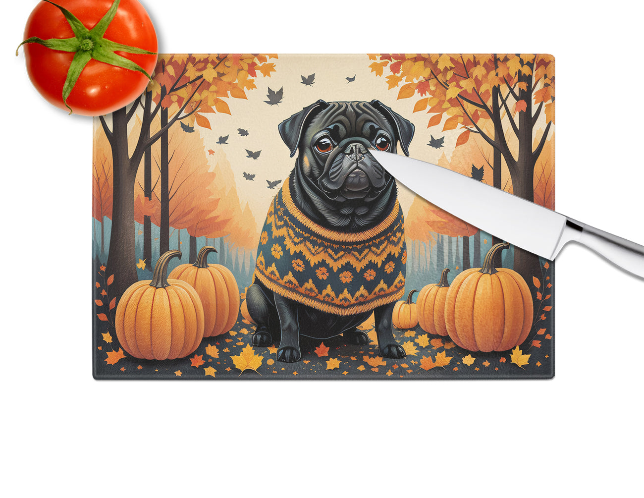 Black Pug Fall Glass Cutting Board