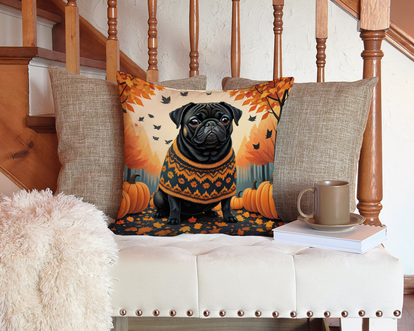 Black Pug Fall Throw Pillow