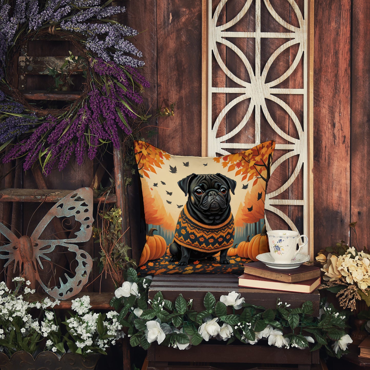 Black Pug Fall Throw Pillow