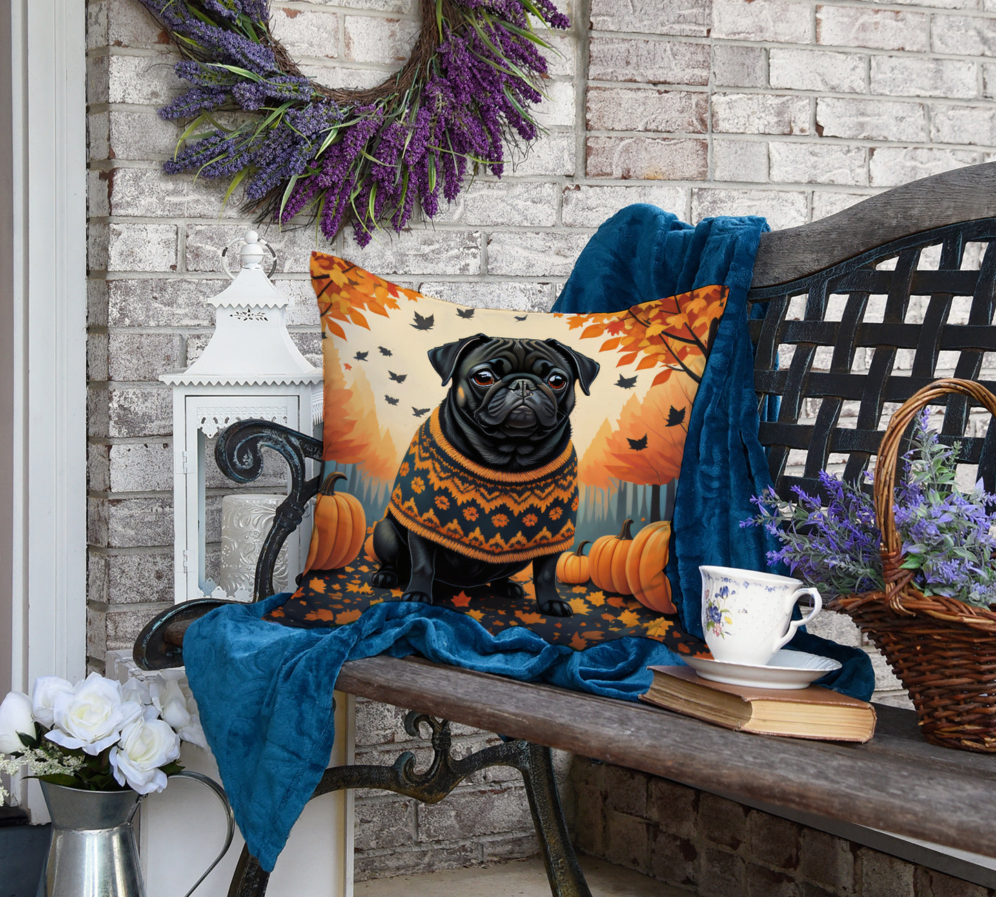 Black Pug Fall Throw Pillow