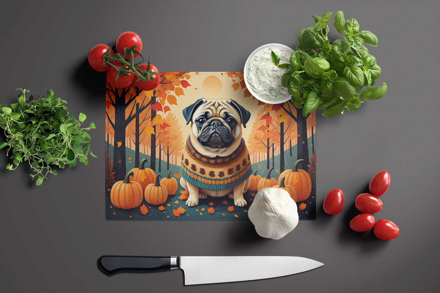 Fawn Pug Fall Glass Cutting Board