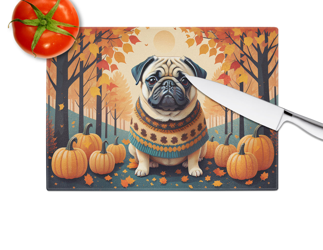 Fawn Pug Fall Glass Cutting Board