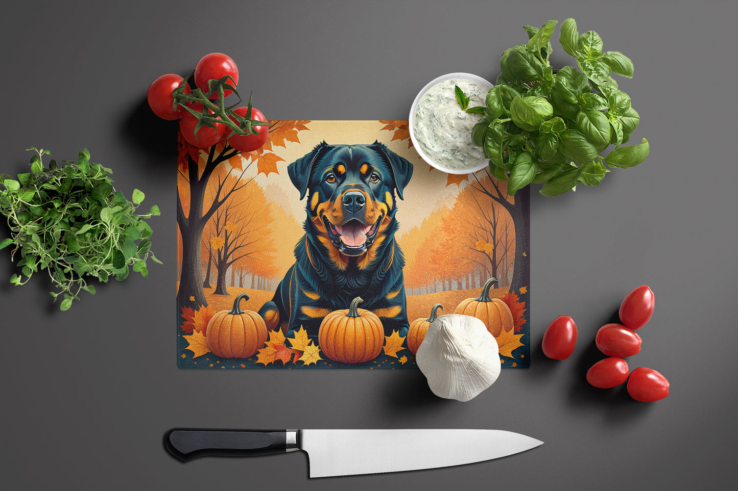 Rottweiler Fall Glass Cutting Board