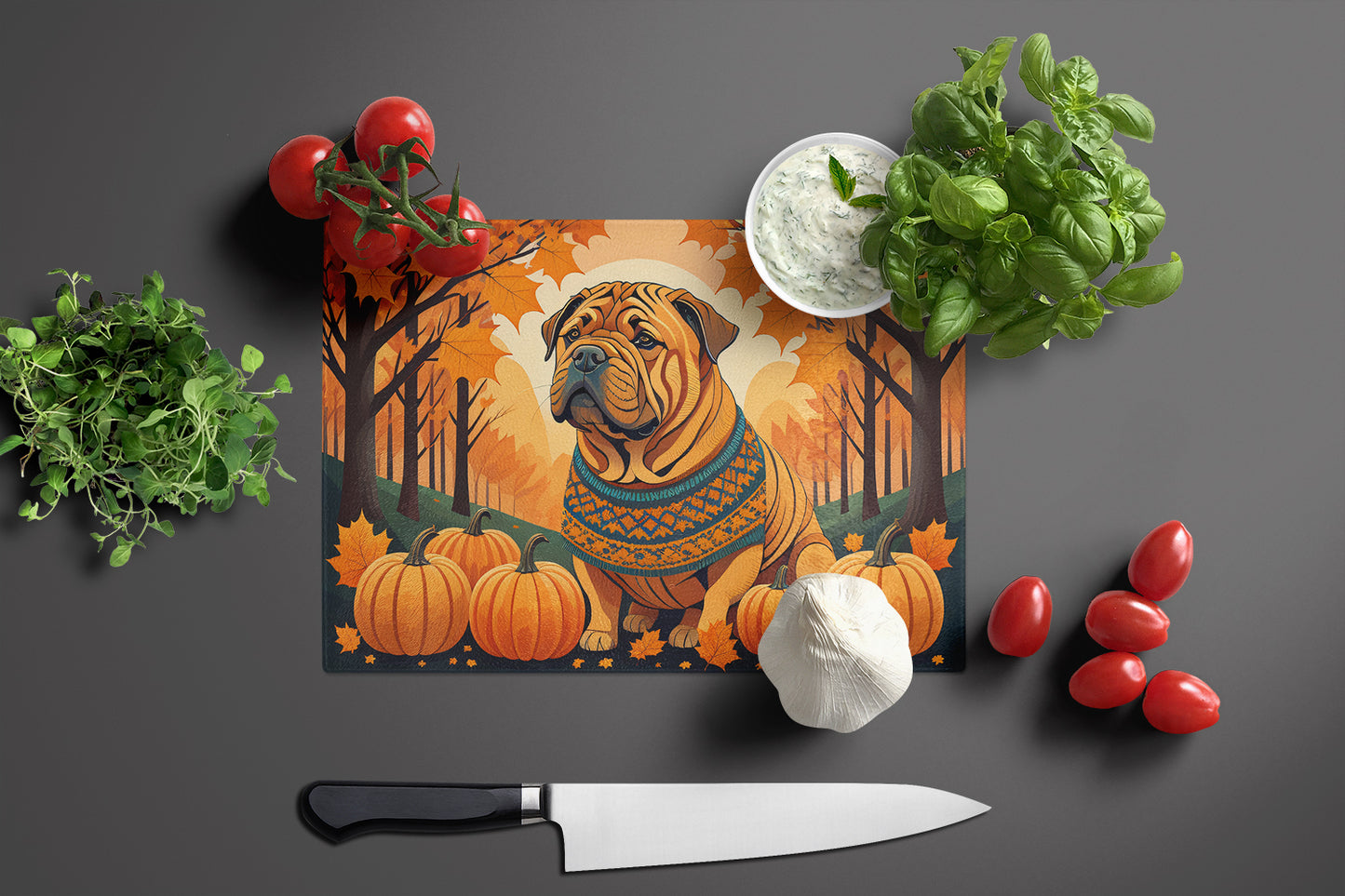 Shar Pei Fall Glass Cutting Board